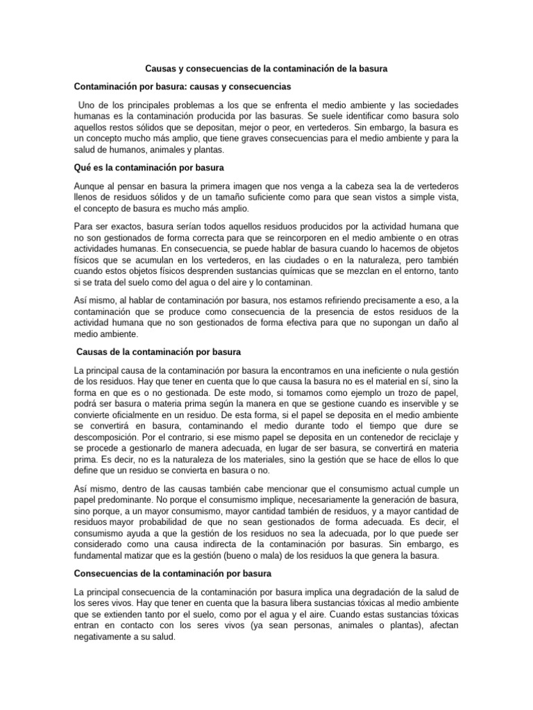 Causas y Consecuencias de La Contaminación de La Basura | PDF ...