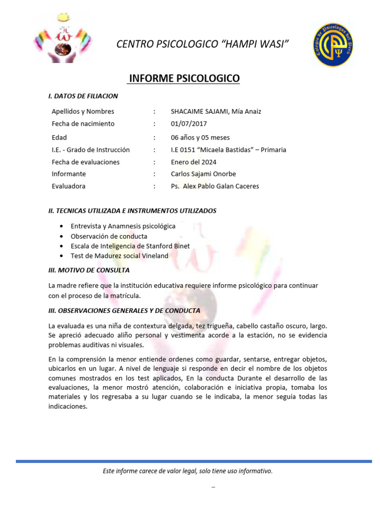 Informe Psicológico Infantil Hampi Wasi | PDF | Sicología | Conceptos ...