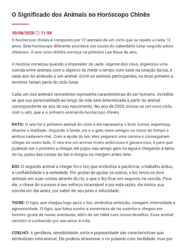 O Significado Dos Animais No Horoscopo Chines | PDF