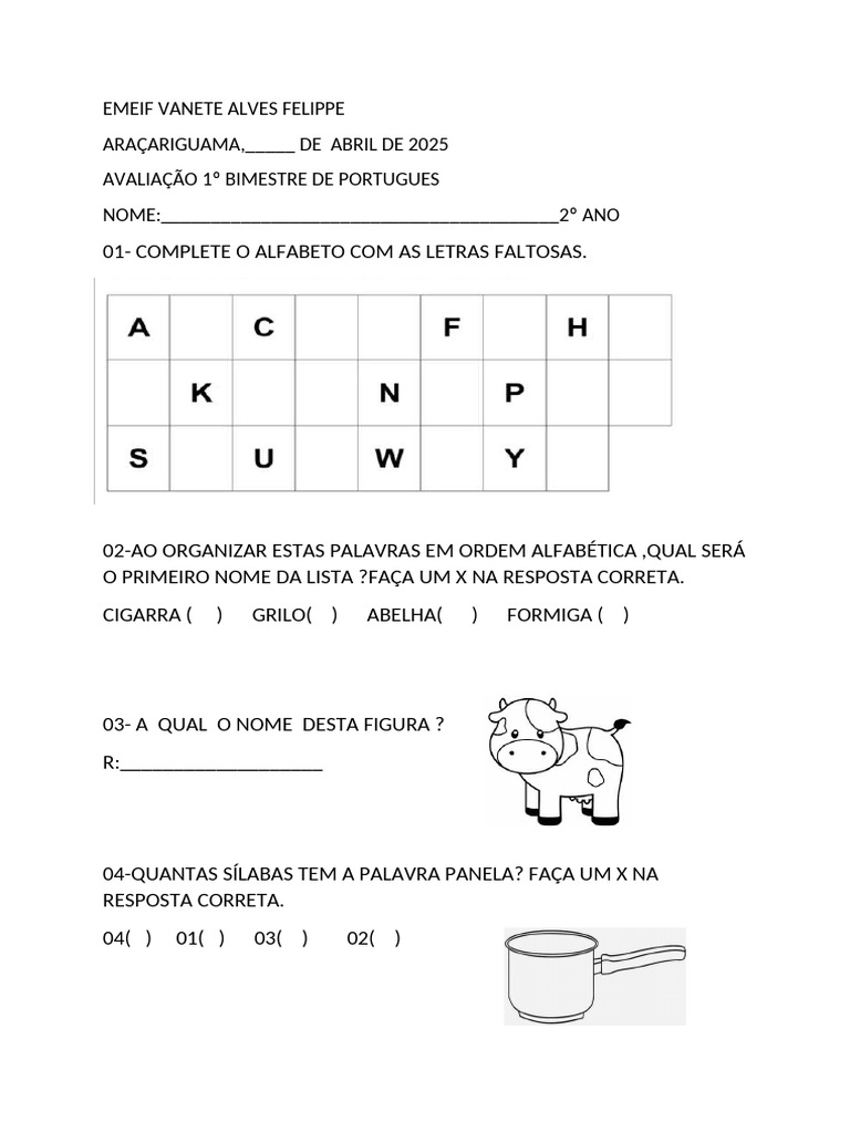 Avaliação de Português 2º Ano - 1º Bimestre | PDF