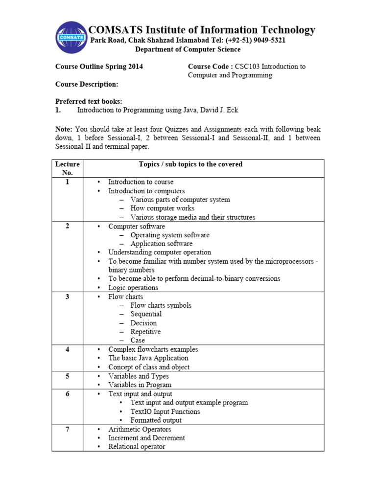 Course Outline CSC103 Introduction To Computer and Progamming | PDF ...