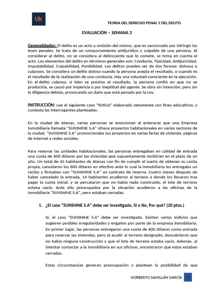 Evaluación Semana 3 Teoria Del Derecho Penal y Del Delito | PDF ...