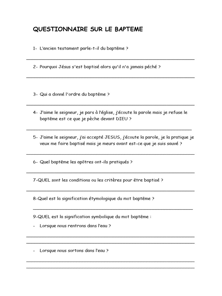 Questionnaire sur le Baptême | PDF | Baptisme | Croyance et doctrine ...