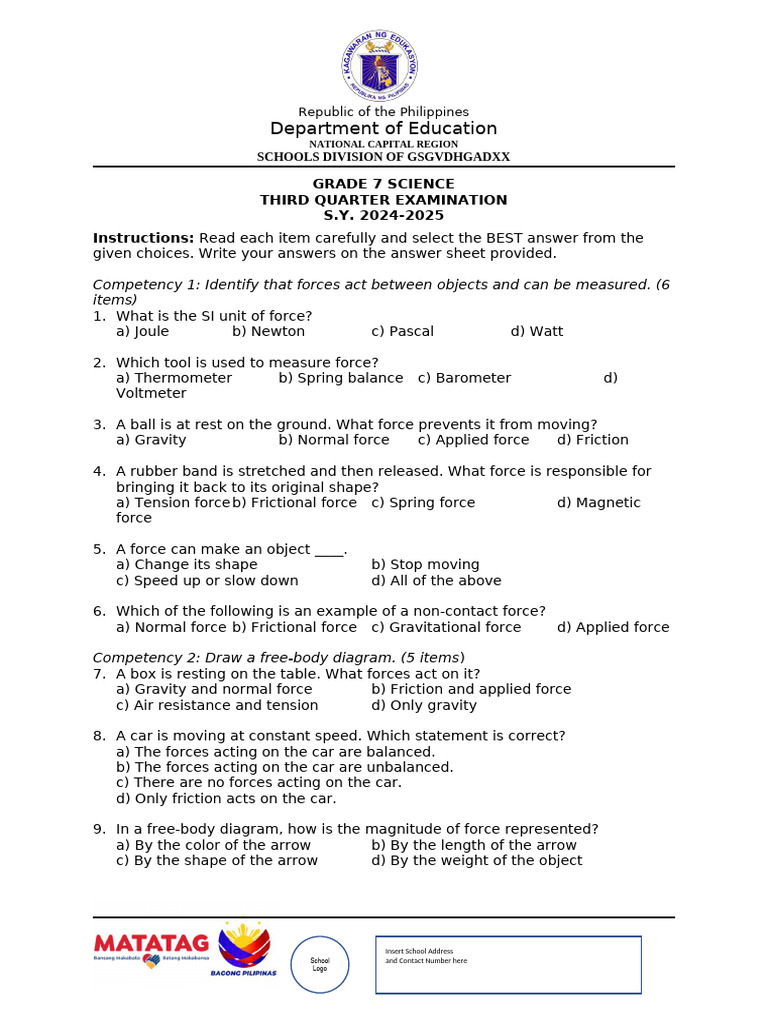 Grade 7 Science Exam: Forces & Energy | PDF | Force | Heat Transfer