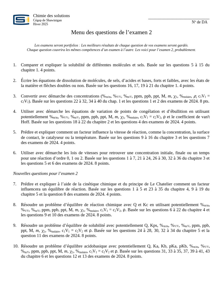 Examen 2 : Chimie des solutions 2025 | PDF | Équilibre chimique ...