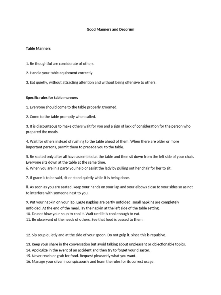 Table Manners and Decorum Guide | PDF