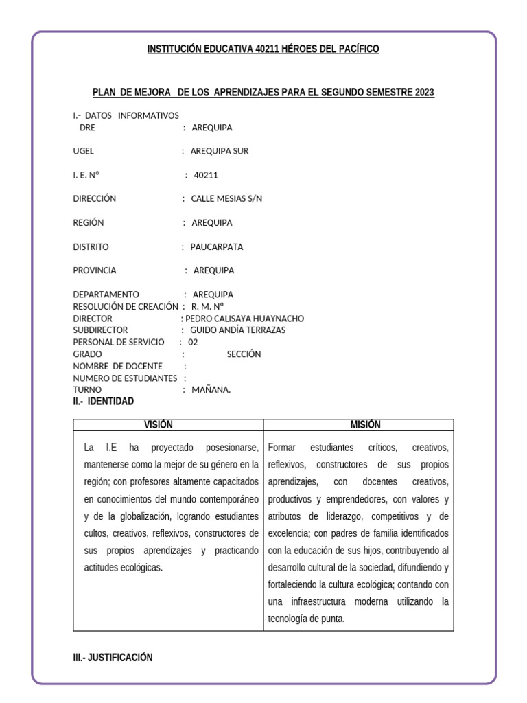 Plan de Mejora Educativa 2023 I.E. 40211 | PDF | Aprendizaje | Evaluación