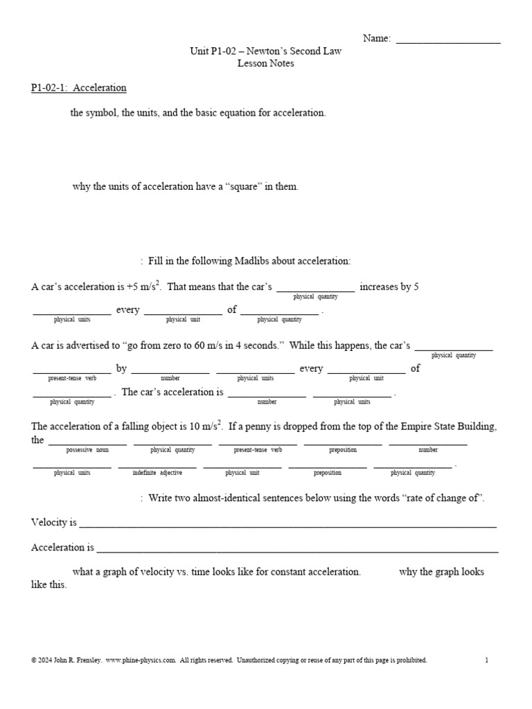 Lesson Notes - Unit P1-02 (Newton's Second Law) | PDF | Friction | Force