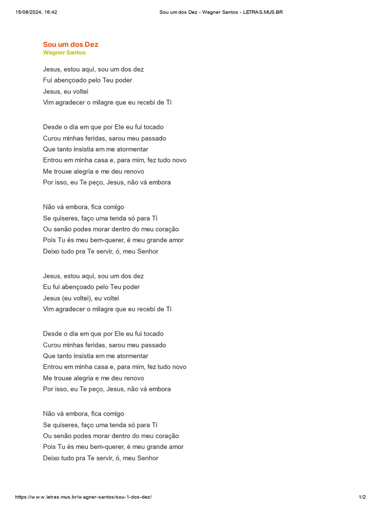 Letra da Música "Sou um dos Dez" | PDF | Jesus