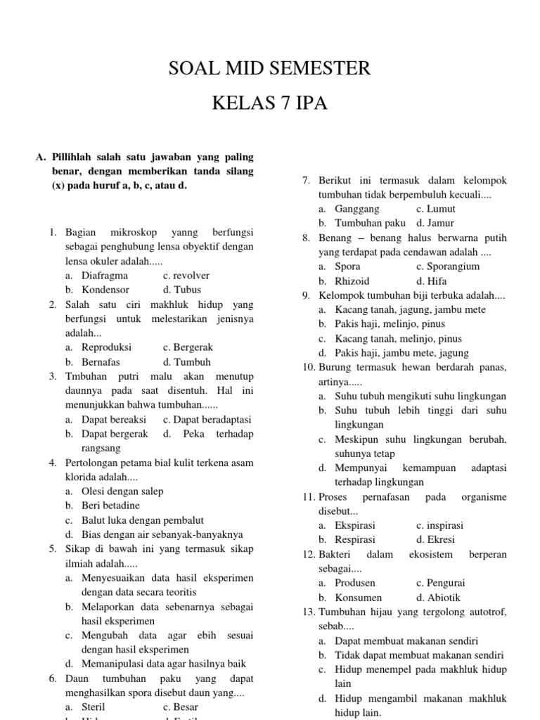 Kunci Jawaban Ujian Mid Semester 1 Kelas 7 2019 Ujian