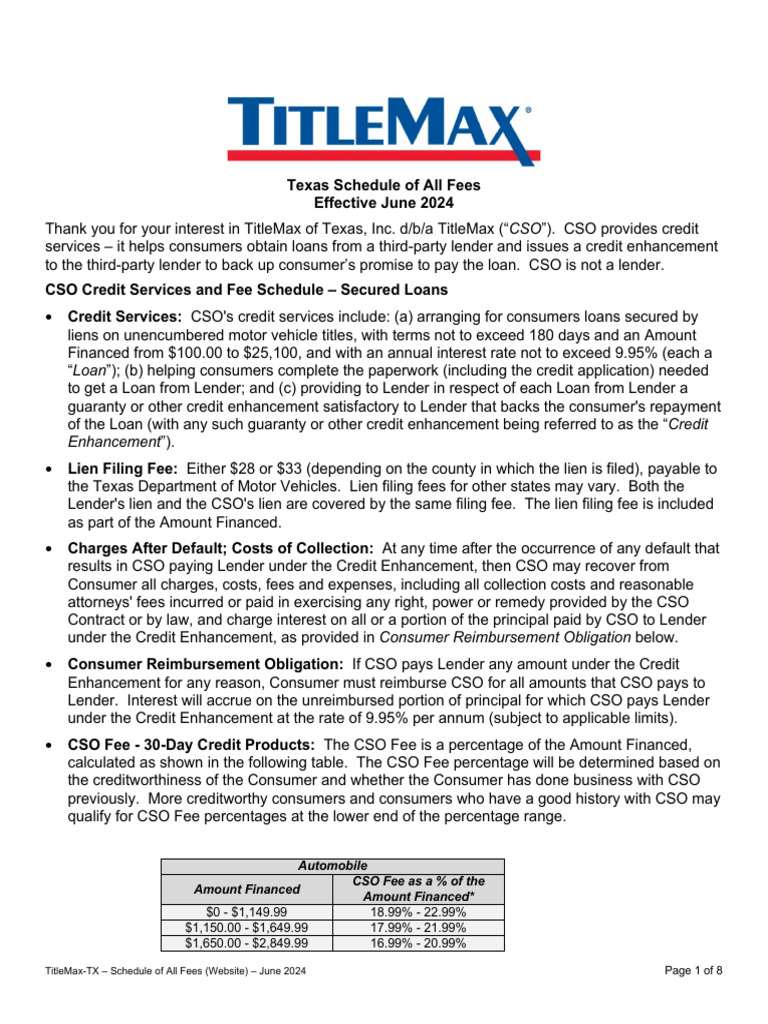TitleMax Texas Fee Schedule 2024 | PDF | Loans | Annual Percentage Rate
