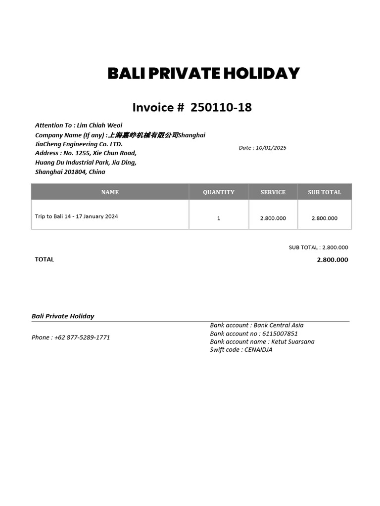 Bali Private Holiday Invoice #250110-18 | PDF