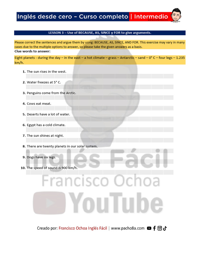 LESSON 3 - Use of BECAUSE, AS, SINCE y FOR To Give Arguments. | PDF