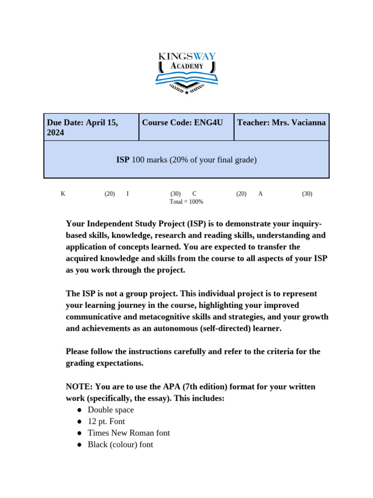 ENG4U Independent Study Project Guide | PDF | Podcast | Essays