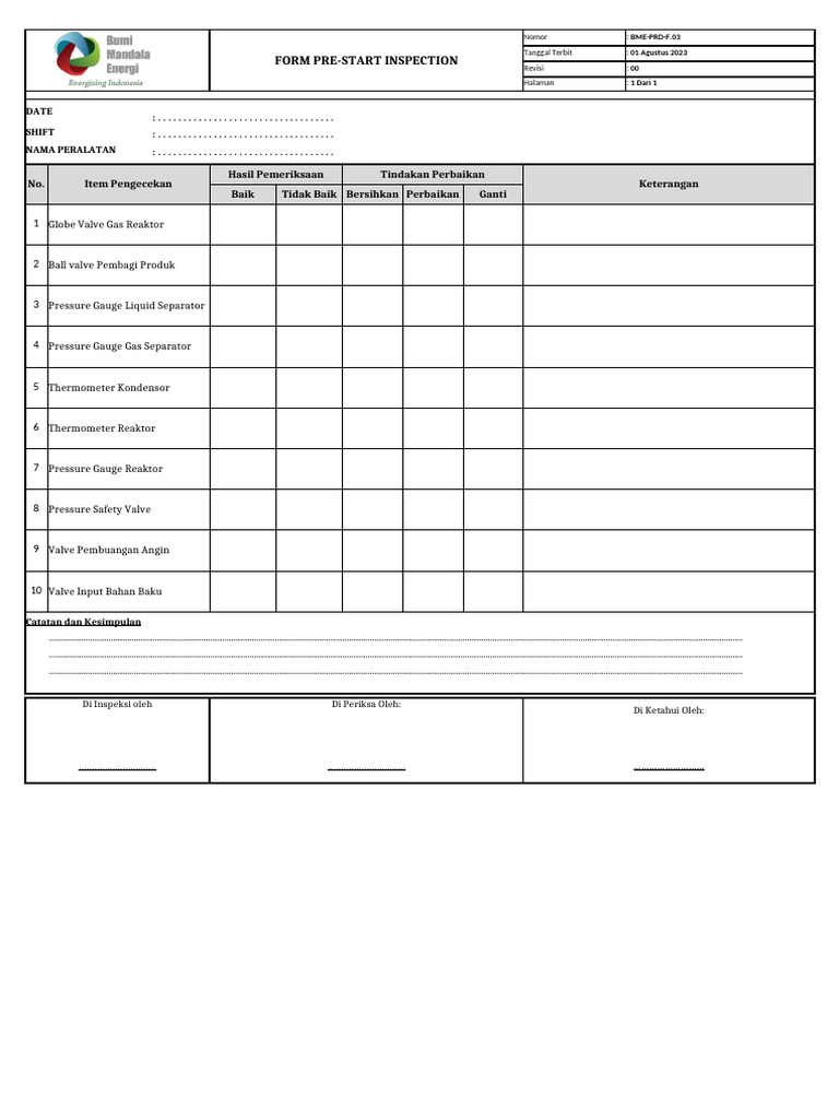 BME-PRD-F.03 - FORM PRE-START CHECK (MAINTEANCE RINGAN) | PDF