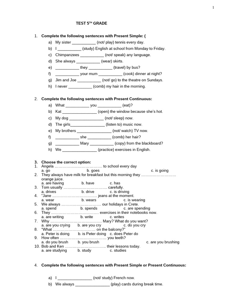 5th Grade English Grammar Test | PDF