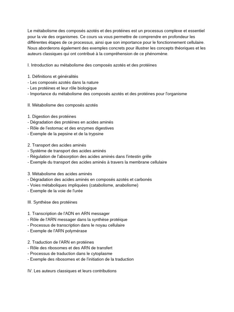 Métabolisme des Protéines et Azotes | PDF