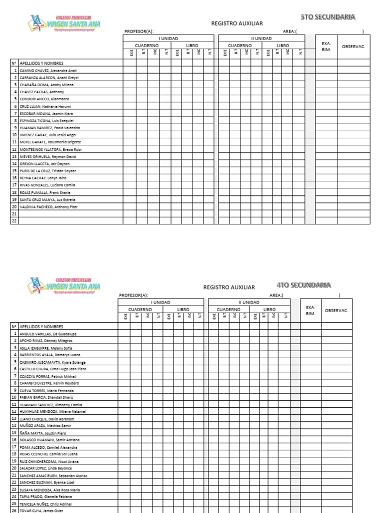 Registro Auxiliar Secundaria 2025 | PDF