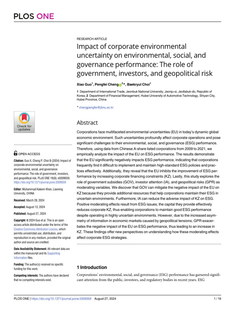 Guo 2024 Impact of Corporate Environmental U | PDF | Risk | Governance