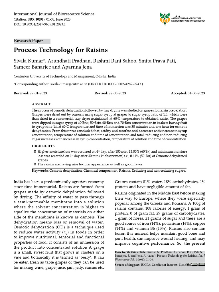 Osmotic Dehydration for Raisin Production | PDF | Raisin | Grape
