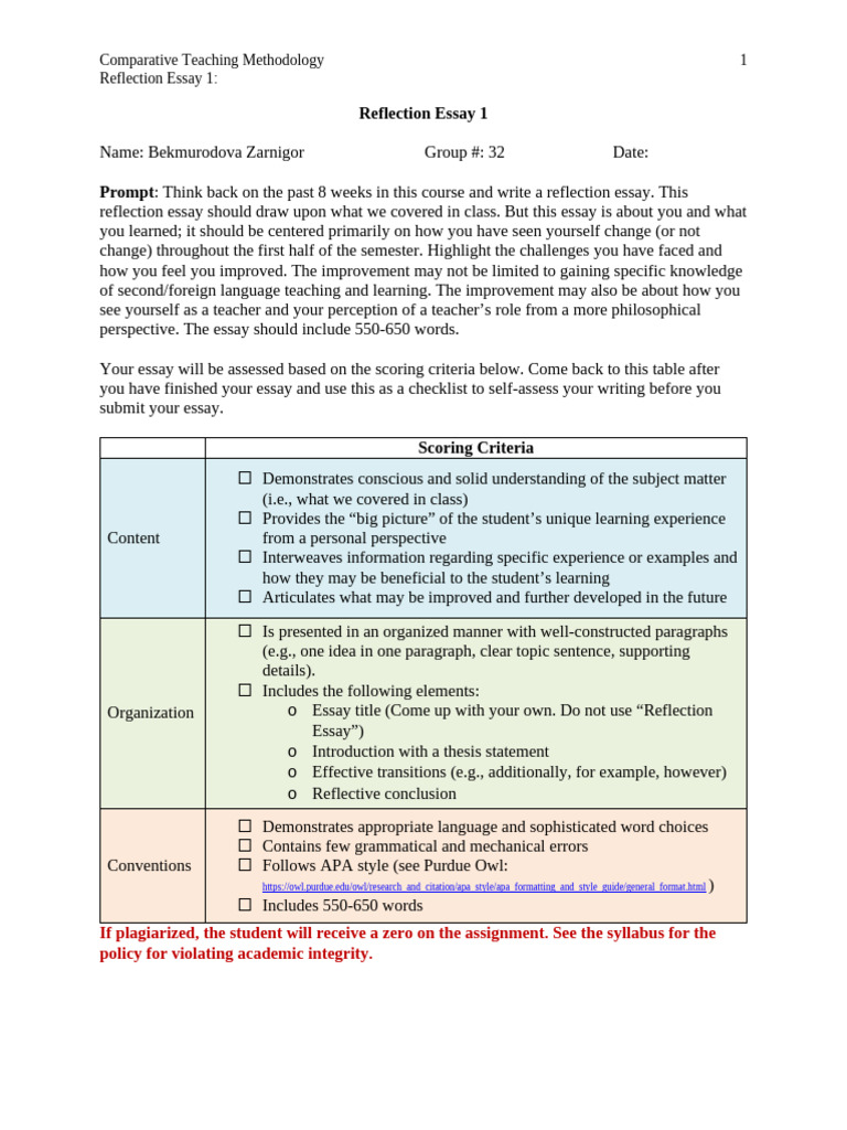 Reflection Essay 1 Group32 Bekmurodova Zarnigor | PDF | Educational ...