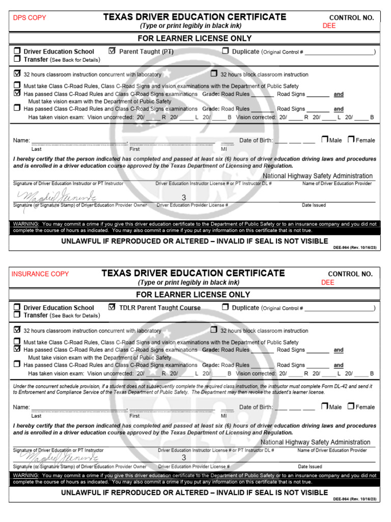 Sutcliffe Samuel J: Texas Driver Education Certificate | PDF