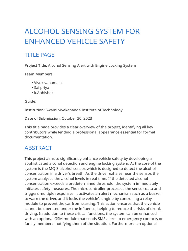 Alcohol Sensing System For Enhanced Vehicle Safety | PDF | Drunk ...