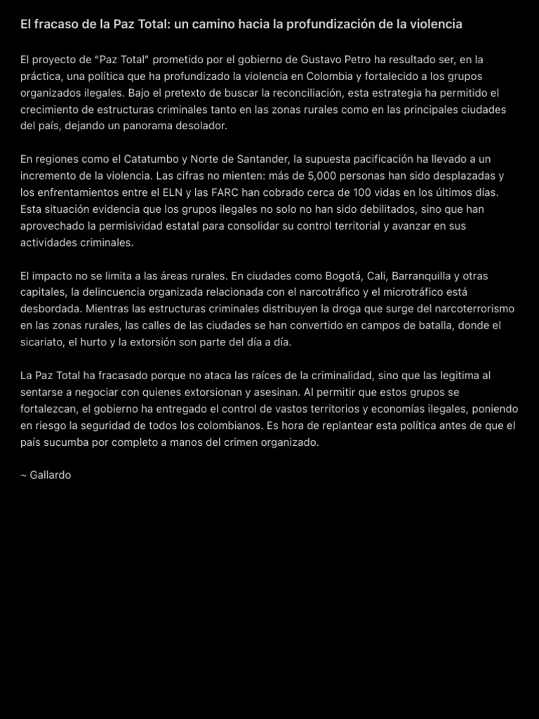 Fracaso de la Paz Total en Colombia | PDF