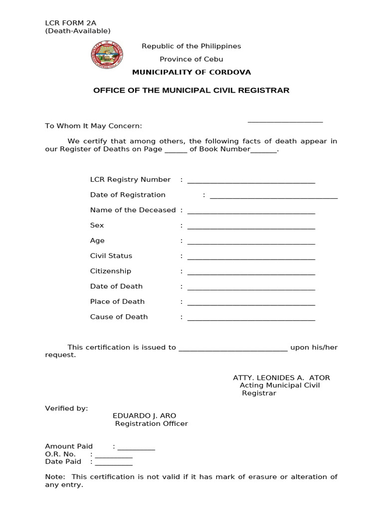 LCR Form 2A: Death Certificate Template | PDF