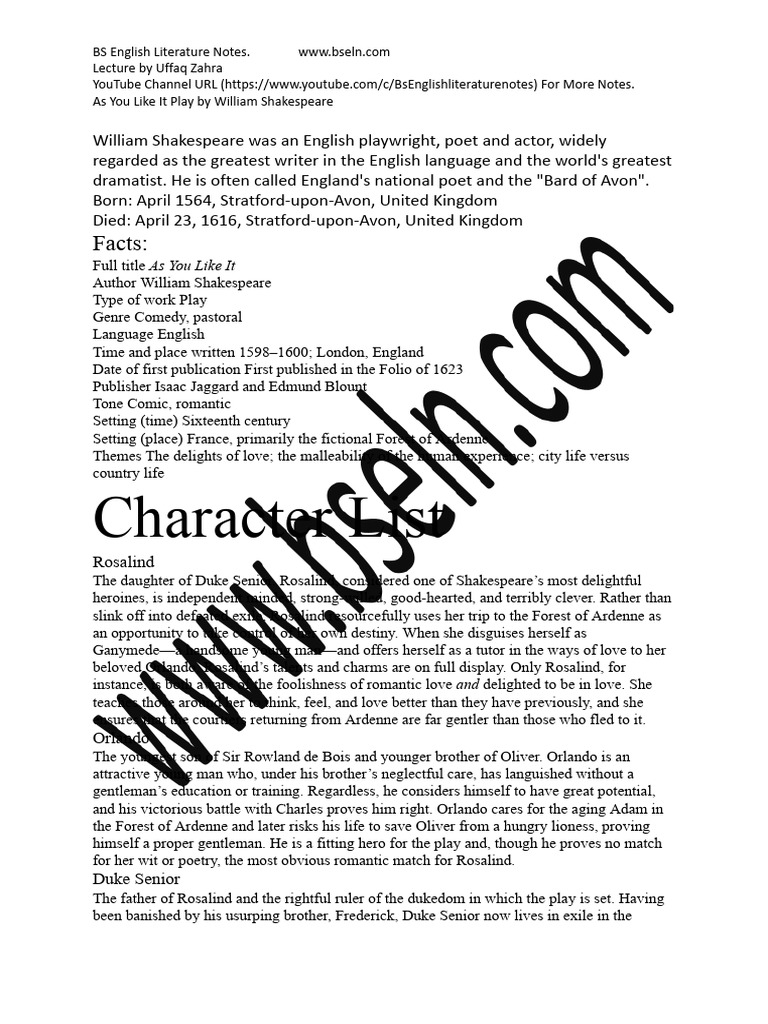 Summary of As You Like It Play | PDF | As You Like It | Shakespearean ...