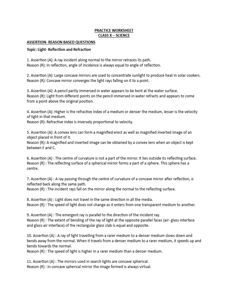 Practice Worksheet - Light - Reflection and Refraction | PDF | Mirror ...