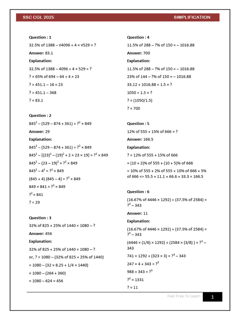 SSC CGL 2025 Simplification Questions | PDF