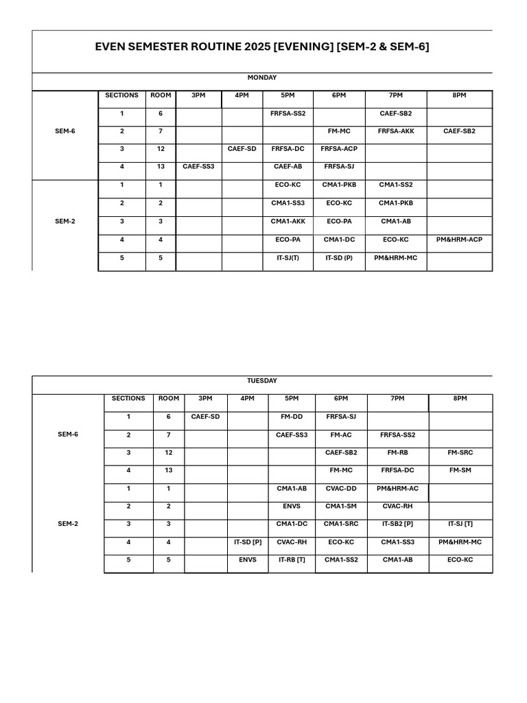 Even Semester 2025 Class Schedule | PDF