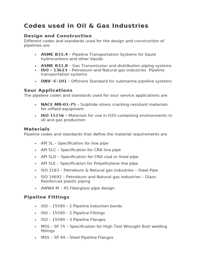 Natural Gas Pipeline Specifications