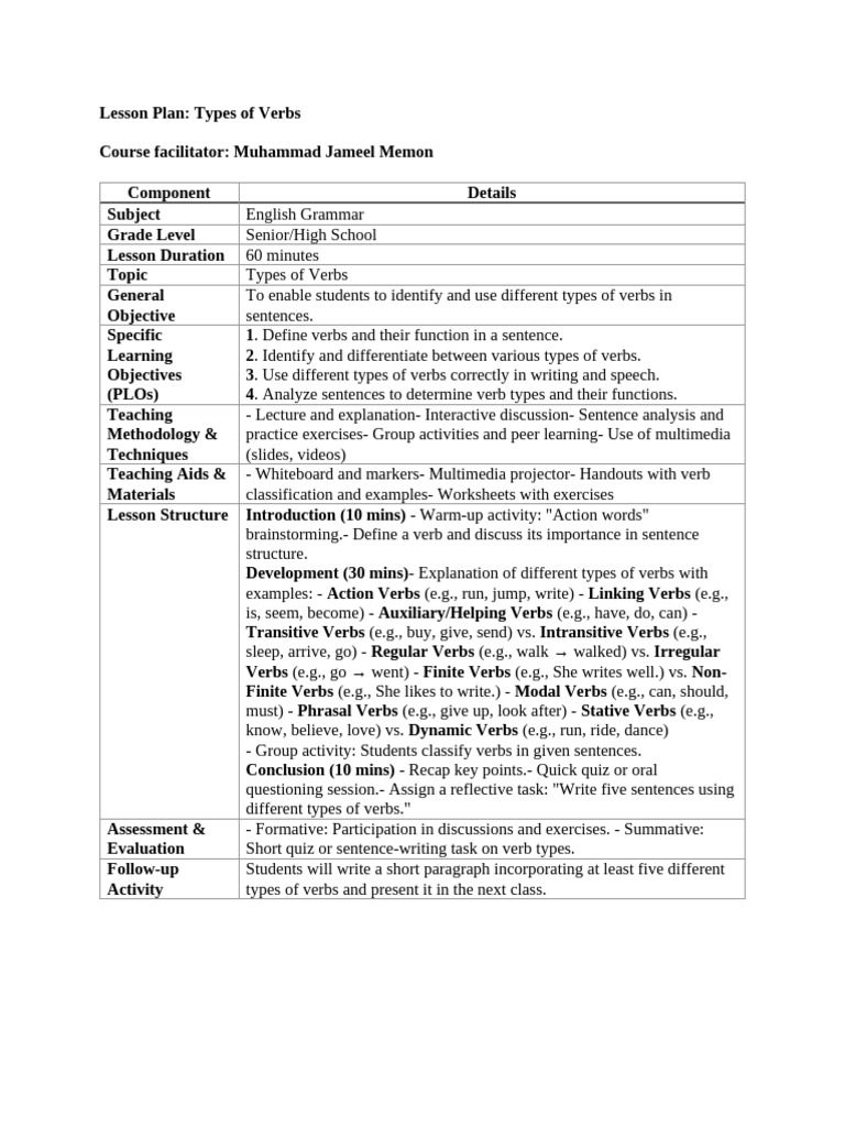 Types of Verbs Lesson Plan | PDF | Verb | Lesson Plan