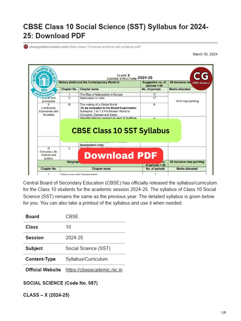 CBSE Class 10 SST Syllabus 2024-25 | PDF | Science | Social Sciences
