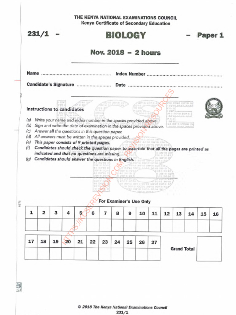 2018 KCSE KNEC BIOLOGY PP1.TextMark | PDF