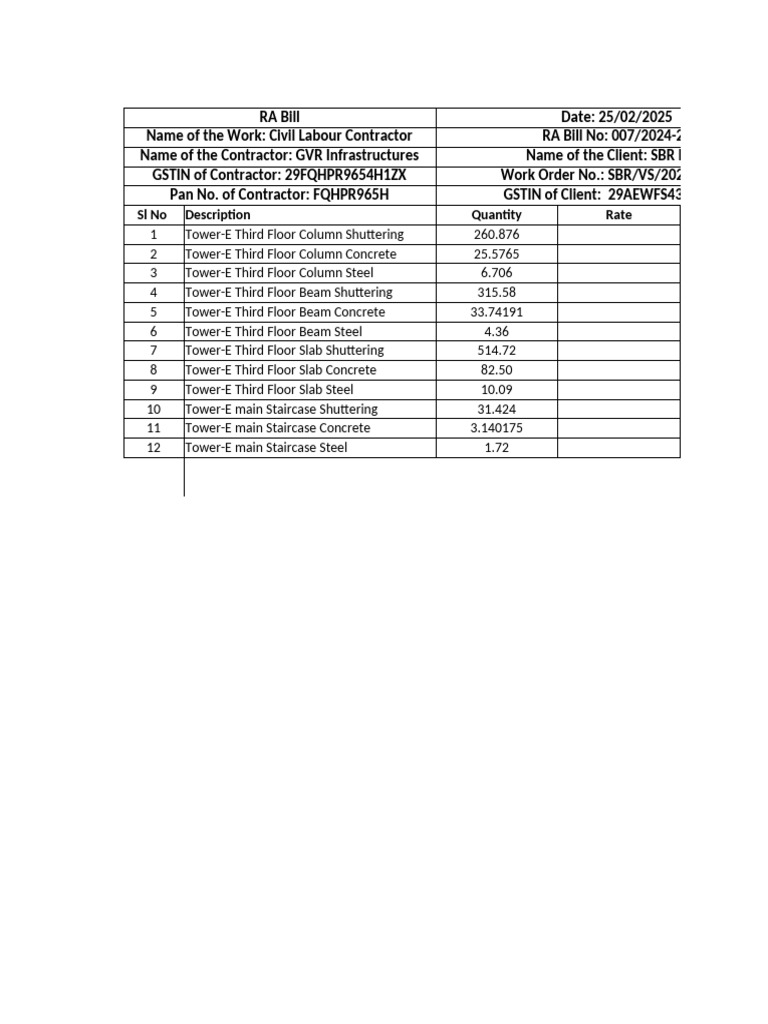 RA Bill for Tower-E Construction | PDF | Building | Composite Material