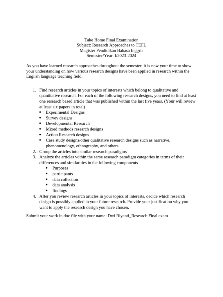 TEFL Research Approaches Final Exam | PDF