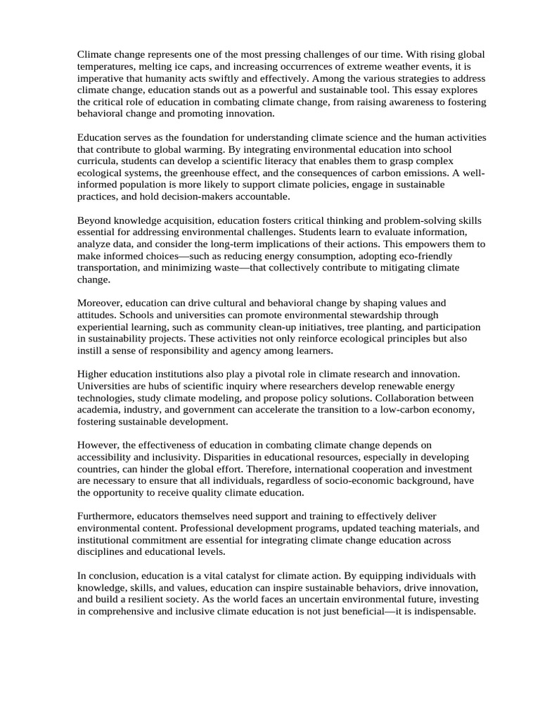 The Role of Education in Combating Climate Change | PDF | Climate ...