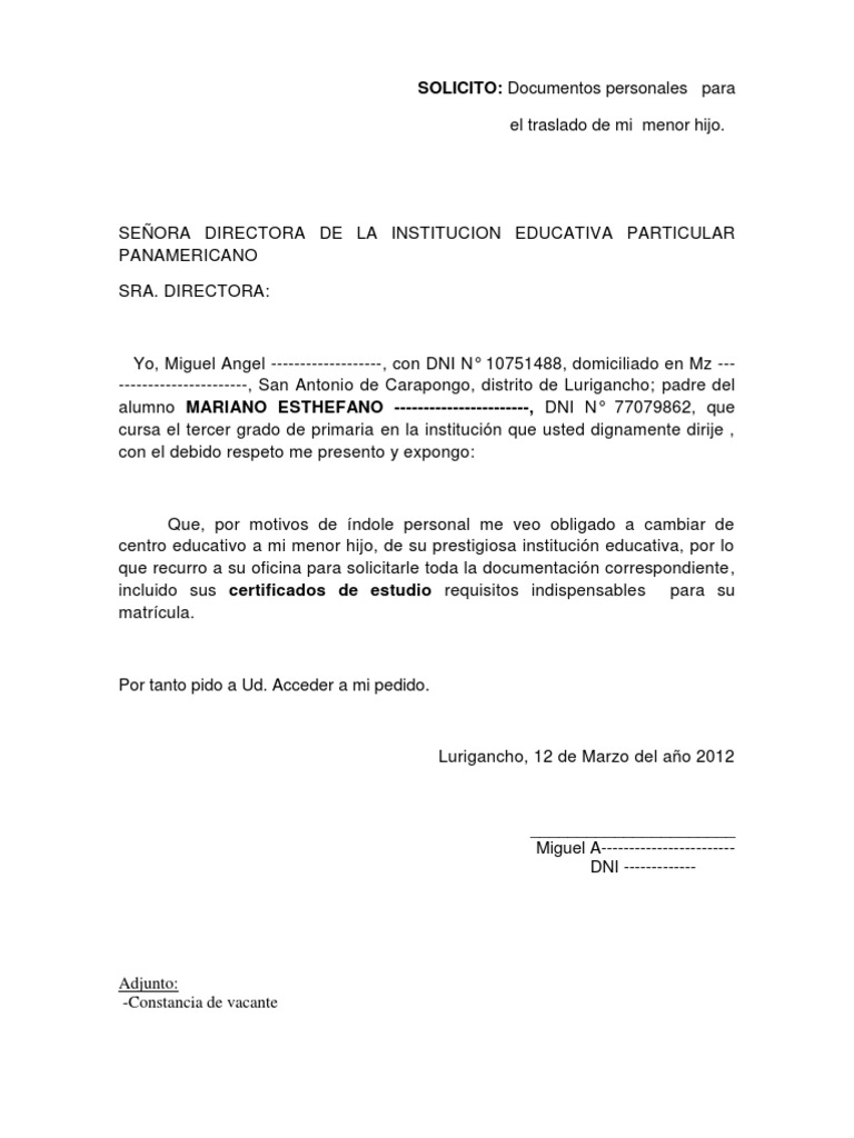 Carta de solicitud de traslado en word