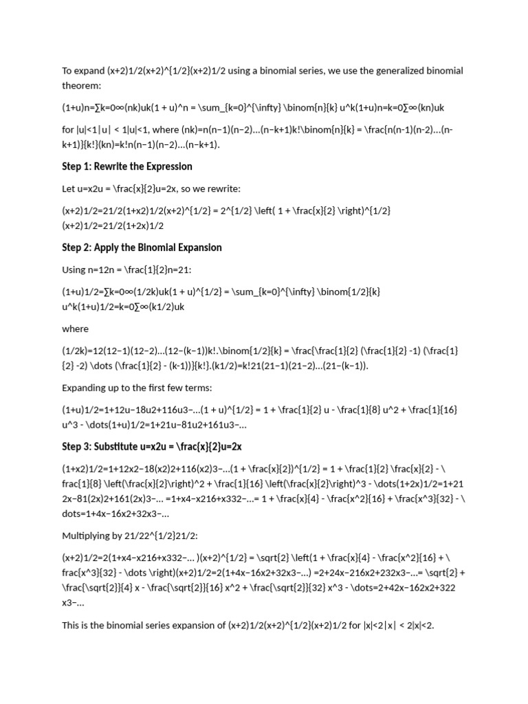Binomial Series Expansion of (x+2)^(1/2) | PDF