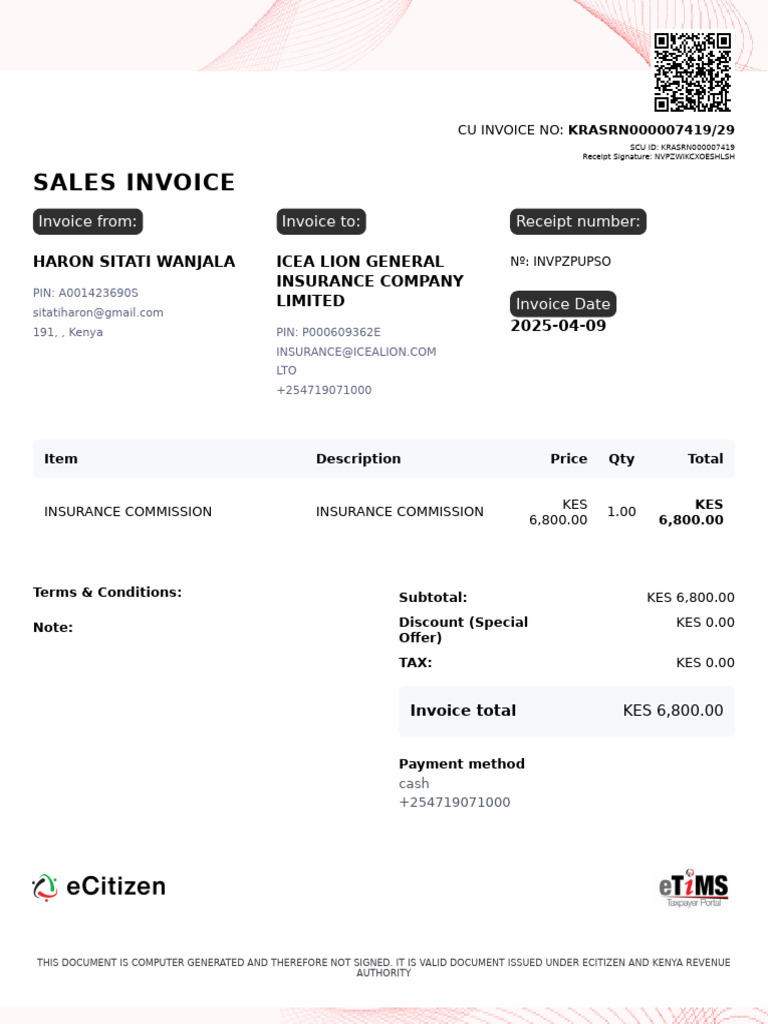Invoice for Insurance Commission KES 6800 | PDF | Invoice | Receipt