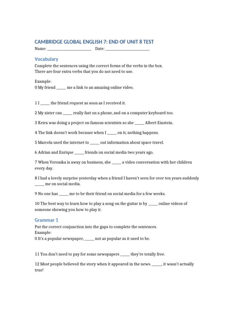 Cambridge Global English 7 Unit 8 Test | PDF