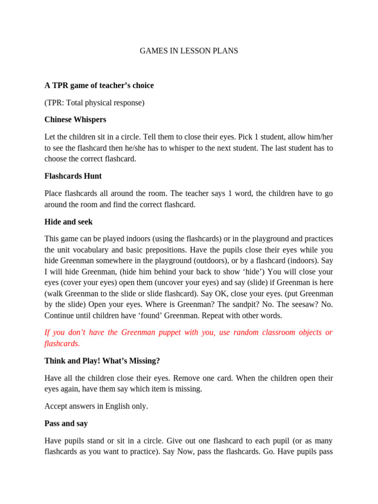 Engaging TPR Games for Lesson Plans | PDF | Classroom | Flashcard