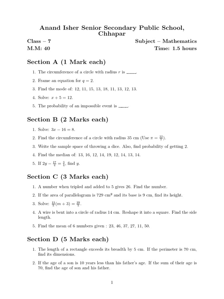 Class 7 Mathematics Exam Paper | PDF