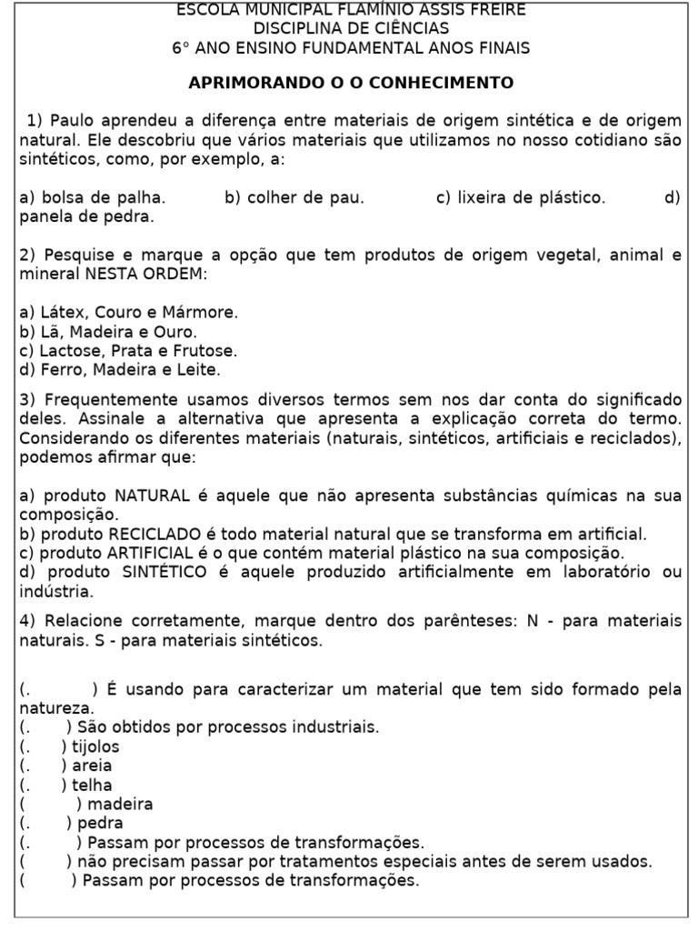Materiais Sintéticos e Naturais: 6º Ano | PDF | Química | Plástico