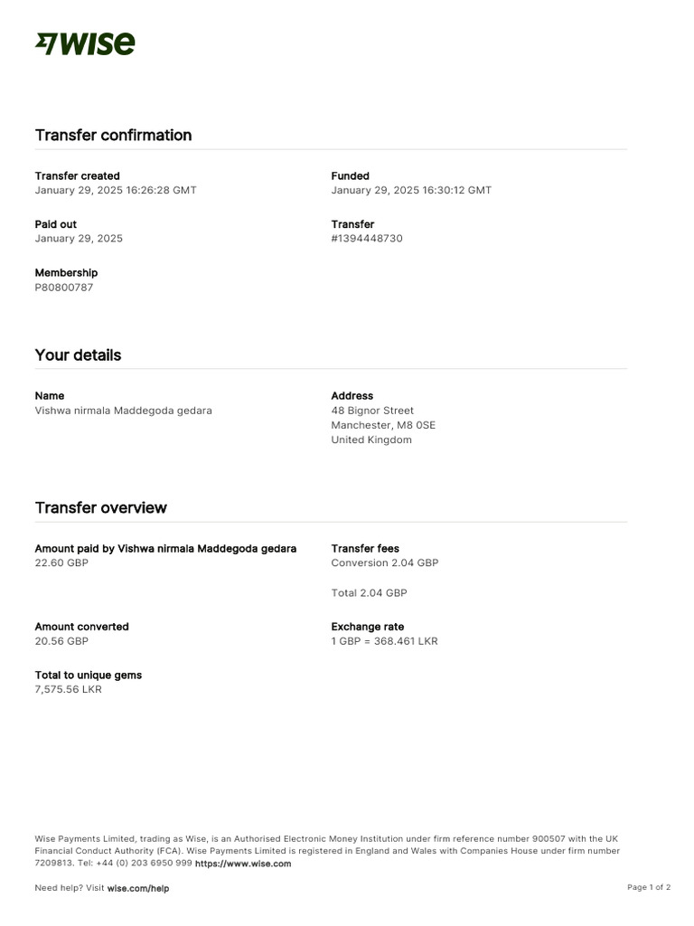 Wise Transfer Confirmation for Vishwa | PDF | Payments | Banking