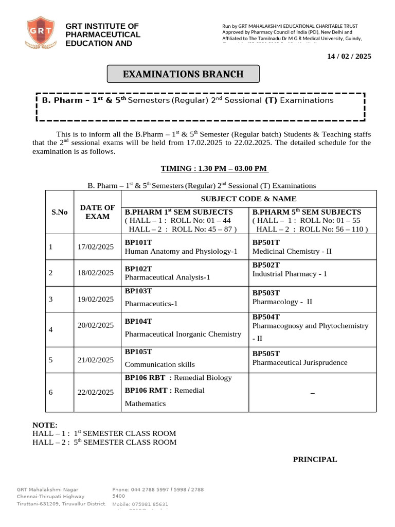 B.Pharm 1st & 5th Sem Exam Schedule 2025 | PDF | Pharmaceutical ...