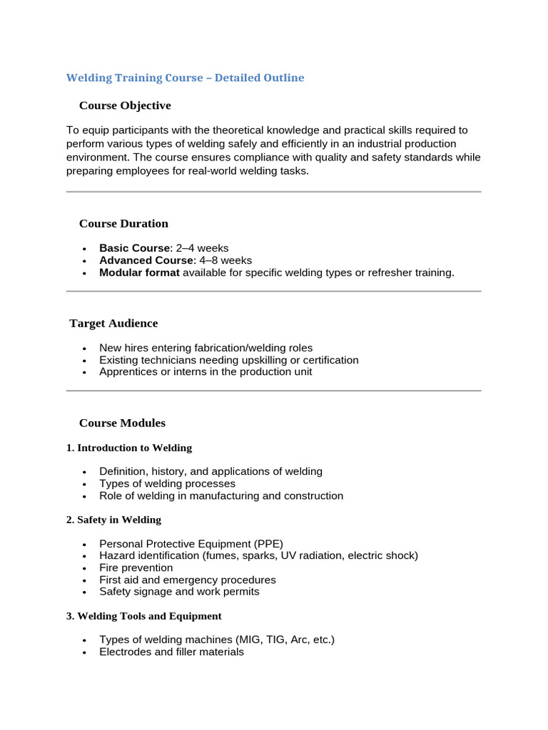 Course Objective: Welding Training Course - Detailed Outline | PDF
